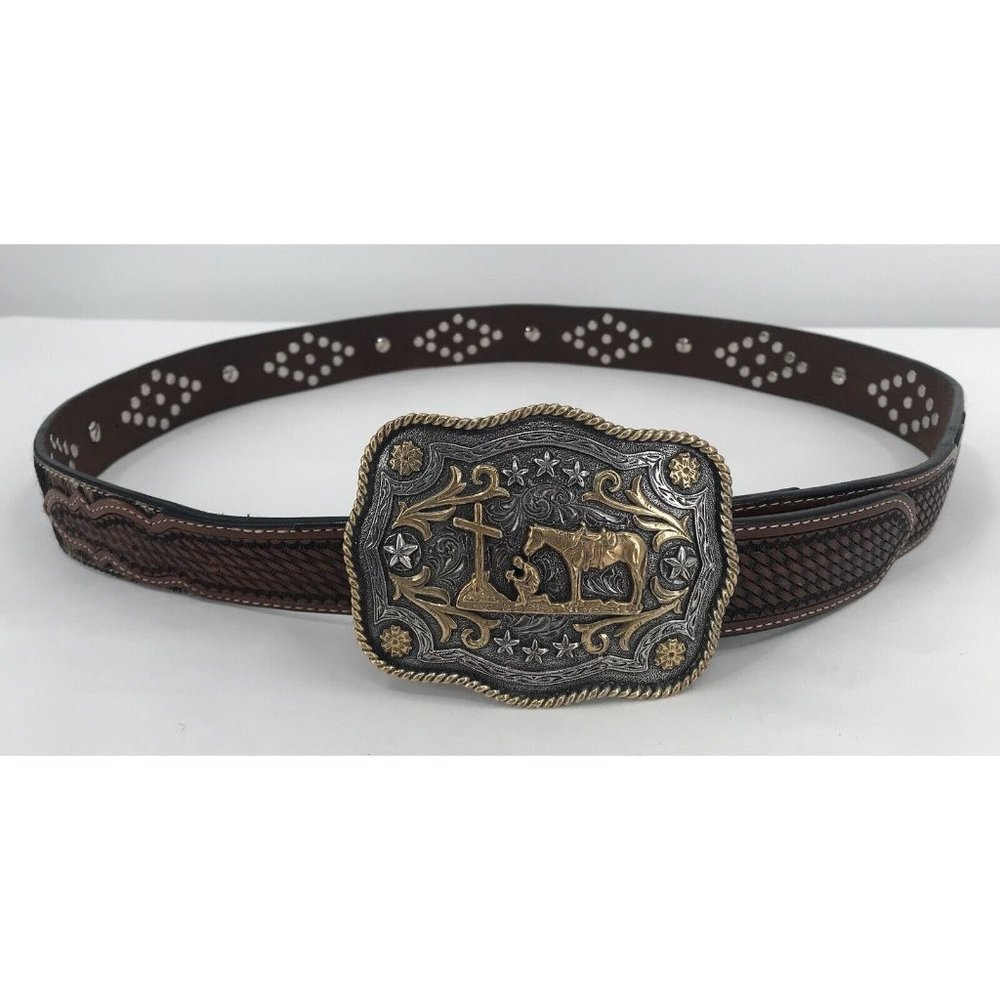 Ranger Belt Company Brown Tooled Leather Fur Western Rhinestone Christian Buckle